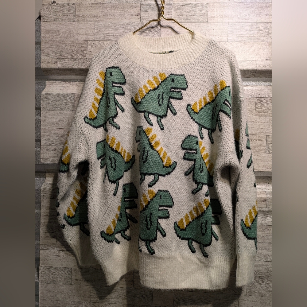 Playful Dinosaur Crewneck Sweater - Cream and Green